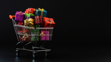 Shopping cart full of gift boxes on black background. Supermarket trolley with presents. Discounts, sales and promotions