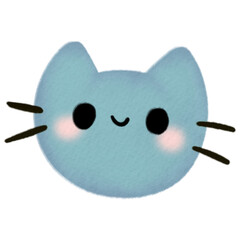Watercolor illustration of a playful cat face with whiskers and pink cheeks