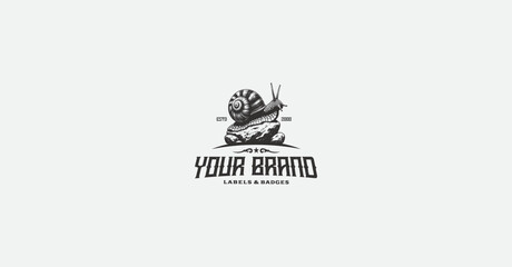 Vintage snail on rock stone logo illustration