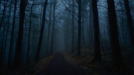 Mysterious misty forest path at dawn with towering trees and soft light filtering through fog