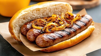 Close-up of a grilled sausage, served in a freshly baked bun, topped with caramelized onions and mustard