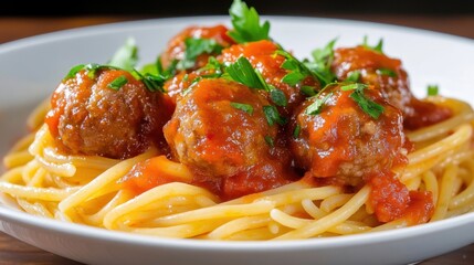 Close-up of a juicy meatball, cooked in a rich tomato sauce, served over a bed of spaghetti