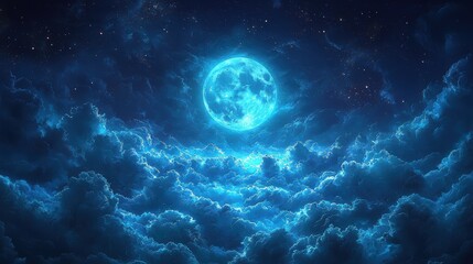 Enchanting Full Moon Illuminating a Sea of Clouds in a Starry Night Sky, Capturing the Mystical Beauty of Nature and the Universe