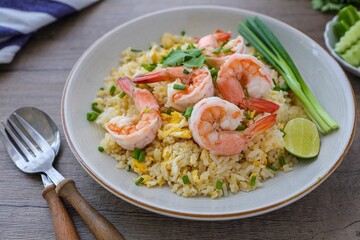 Fried rice with shrimps on a white plate