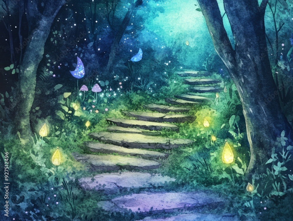 Poster Stone steps lead into an enchanted forest with glowing flowers and twinkling lights.