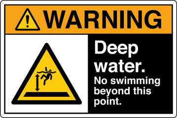 Obraz premium ANSI Z535 Safety Sign Marking Label Symbol Pictogram Standards Warning Deep Water No Swimming Beyond This Point with text landscape Black