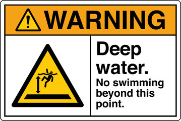 ANSI Z535 Safety Sign Marking Label Symbol Pictogram Standards Warning Deep Water No Swimming Beyond This Point with text landscape white