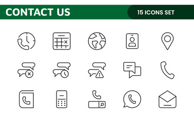 Contact icon set in outline style. Communication Line icons collection.