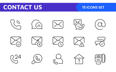 Contact icon set in outline style. Communication Line icons collection.