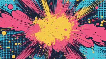 book background with explosion in pop art style, pink and blue colors, yellow center point of attention.