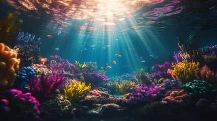 Sunlight shines through blue water and illuminates colorful coral reefs and fish.