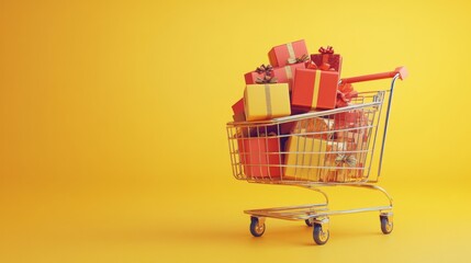 Shopping cart full of gift boxes on yellow background. Supermarket trolley with presents. Discounts, sales and promotions