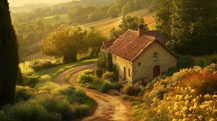Obraz premium Rustic countryside with charming stone cottages blooming gardens meandering paths and gentle hills bathed in warm golden light