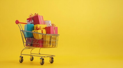 Shopping cart full of gift boxes on yellow background. Supermarket trolley with presents. Discounts, sales and promotions