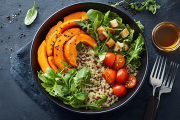 Healthy vegetarian salad. Roasted pumpkin, quinoa, tomatoes, green salad. Buddha bowl. Slate background. Top view.