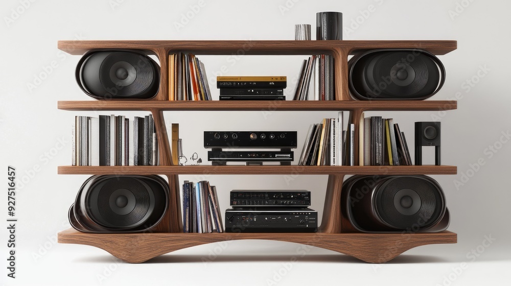 Poster 3d model of a bookshelf with sleek, built-in audio speakers. the design blends music technology with