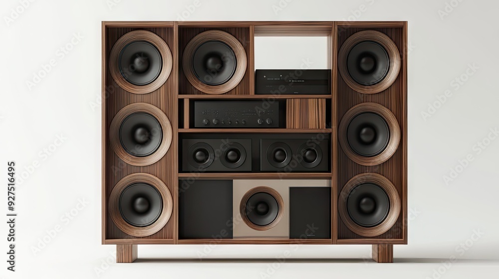 Poster 3d model of a bookshelf with sleek, built-in audio speakers. the design blends music technology with