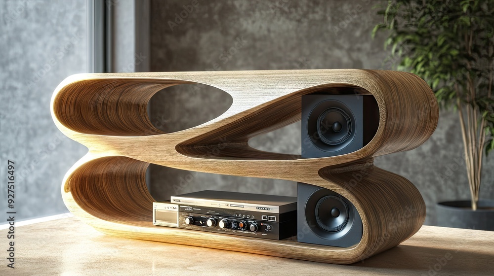 Poster 3d model of a bookshelf with sleek, built-in audio speakers. the design blends music technology with