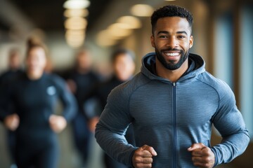 Naklejka premium Smiling Man in Athletic Wear Running Indoors
