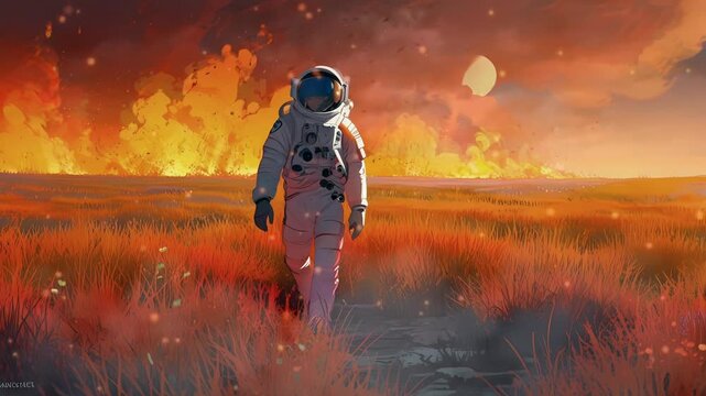 Surreal scene of an astronaut standing on a burning grassland, dramatic and intense Seamless looping 4k time-lapse virtual video animation background