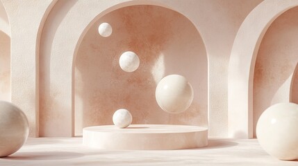 3D scene featuring a podium with floating spheres in soft, warm pastel tones. Ideal for product displays, branding, or cozy and sophisticated presentations.