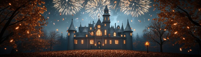 A magical castle illuminated by fireworks in a starlit sky, surrounded by vibrant autumn foliage, perfect for enchanting themes.