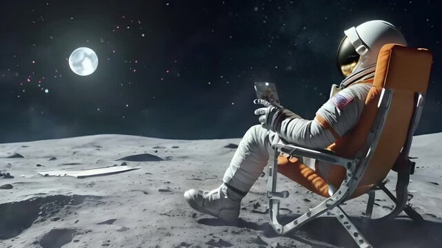 An astronaut is relaxing on a planet with a space background. Seamless 4K looping timelapse video animation background
