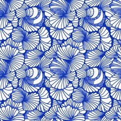 Azure blue white shell motif with linen seamless batik background, Modern coastal beach cottage rustic shell block print home decor pattern design in sealife beach style.