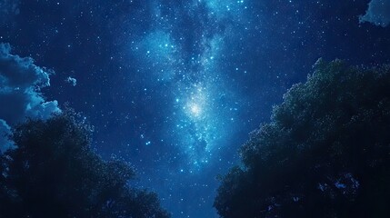 Fototapeta premium A mesmerizing starry sky with a glowing Milky Way nebula, creating a magical Tanabata night scene. Ideal for backgrounds that evoke the beauty of the universe.
