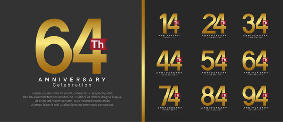 anniversary logo set. vector design gold color with red ribbon can be use for celebration event
