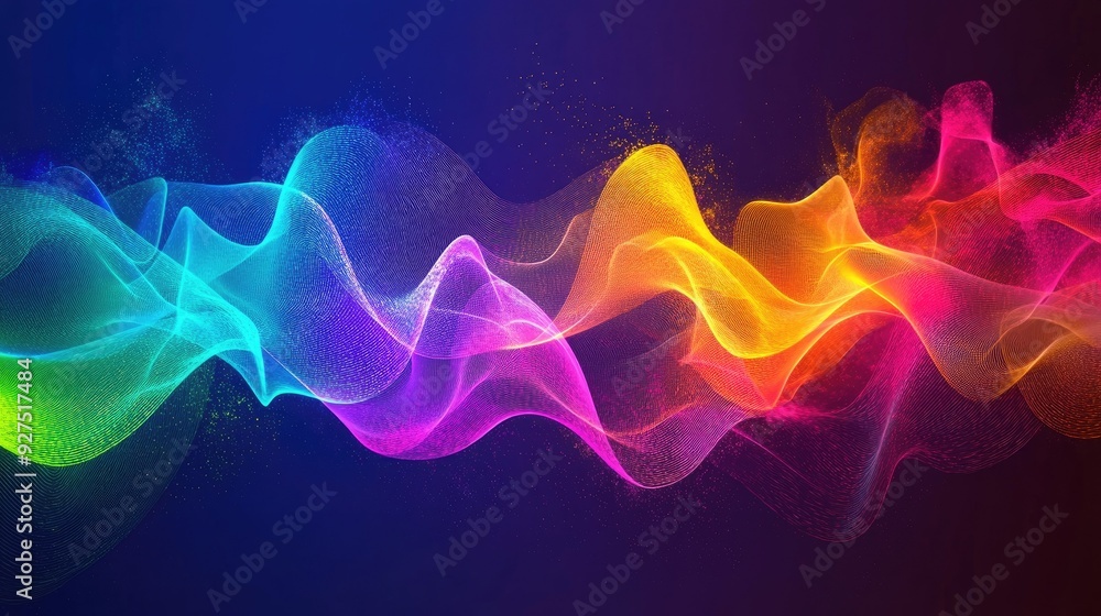 Poster abstract background featuring speaking sound wave lines in a rainbow gradient. fluid motion with col