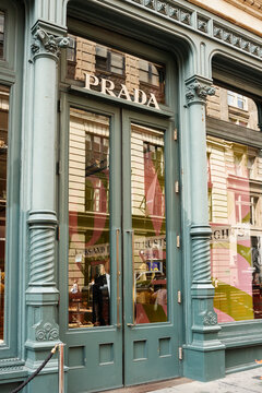 New York, New York, USA - August 15, 2024: Prada store on Broadway in Soho.