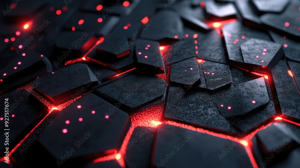 Poster abstract black polygon surface with intricate red light patterns, showcasing a modern and high-tech 