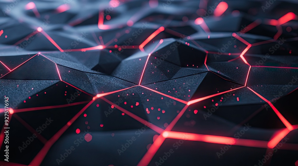 Poster abstract black polygon surface with intricate red light patterns, showcasing a modern and high-tech 