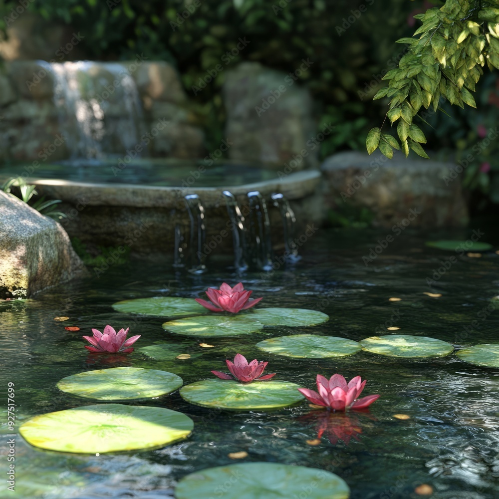 Canvas Prints Tranquil pond with pink water lilies and a small waterfall.