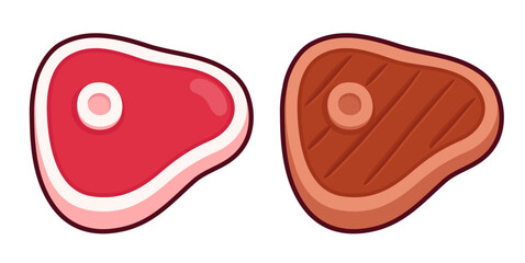 Raw and grilled steak cartoon icon