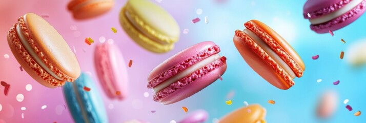 Colorful macarons cakes float in the air on a colorful pastel background