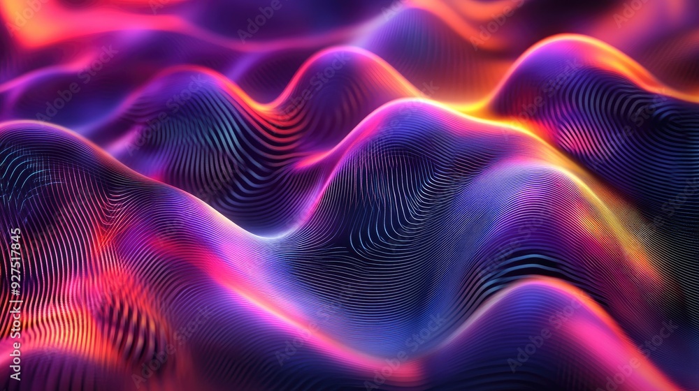 Poster abstract dynamic sound wave pattern with smooth, colorful gradients and rhythmic lines. perfect for 