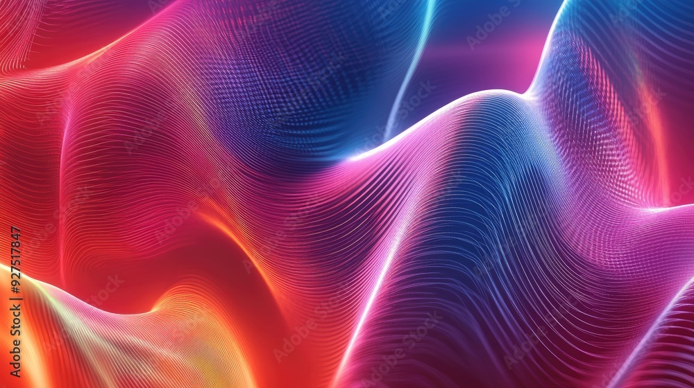 Poster abstract dynamic sound wave pattern with smooth, colorful gradients and rhythmic lines. perfect for 