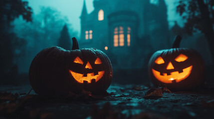 Halloween pumpkins glow in front of a spooky castle at twilight
