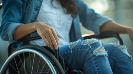 Obraz premium A person in a wheelchair exudes confidence and style. They wear a casual outfit, blending comfort and fashion. This image captures empowerment and resilience. AI.