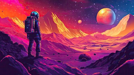 Fototapeta premium Astronaut exploring the Mars desert landscape, with extra-cosmic activities depicted against a vibrant cosmic scene featuring stars and planets. Modern, colorful vector design.