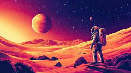 Fototapeta premium Astronaut exploring the Mars desert landscape, with extra-cosmic activities depicted against a vibrant cosmic scene featuring stars and planets. Modern, colorful vector design.