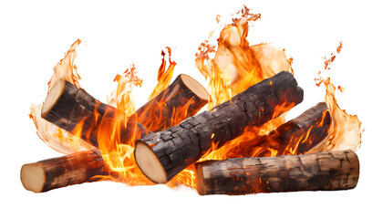 burning fire logs Splashes on a white isolated background. Generative AI.
