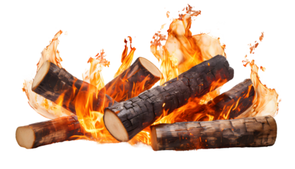 burning fire logs Splashes on a white isolated background. Generative AI.