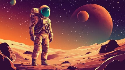 Obraz premium Astronaut in a space suit exploring the Martian desert, performing spacewalk activities against a backdrop of stars and distant planets. Modern colorful vector illustration.