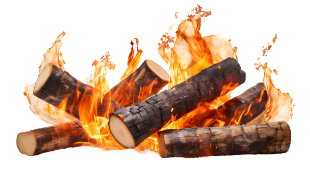 burning fire logs Splashes on a white isolated background. Generative AI.