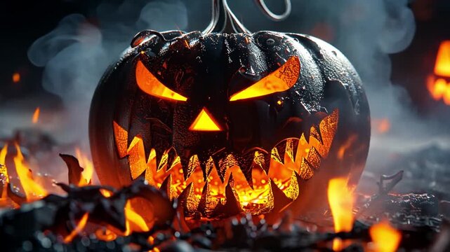 Jack-o-lantern scary spooky Halloween scene. Fire burning. Halloween pumpkin patch in the moonlight. Jack O Lantern party. Horizontal banner, Halloween night decorative with bat and moon background 31