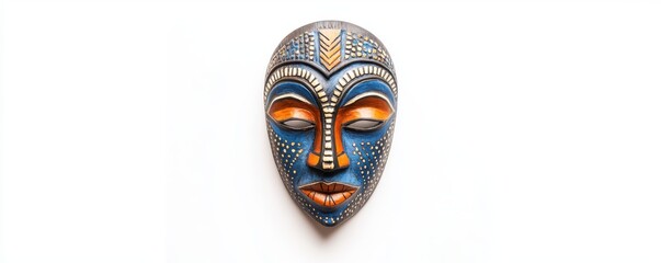 Colorful African tribal mask wall hanging with intricate details and blue tones