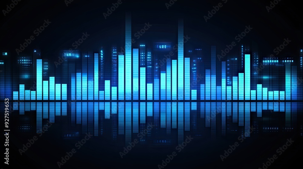 Poster blue music equalizer vector illustration featuring an array of sound bars and waveforms. clean, mode